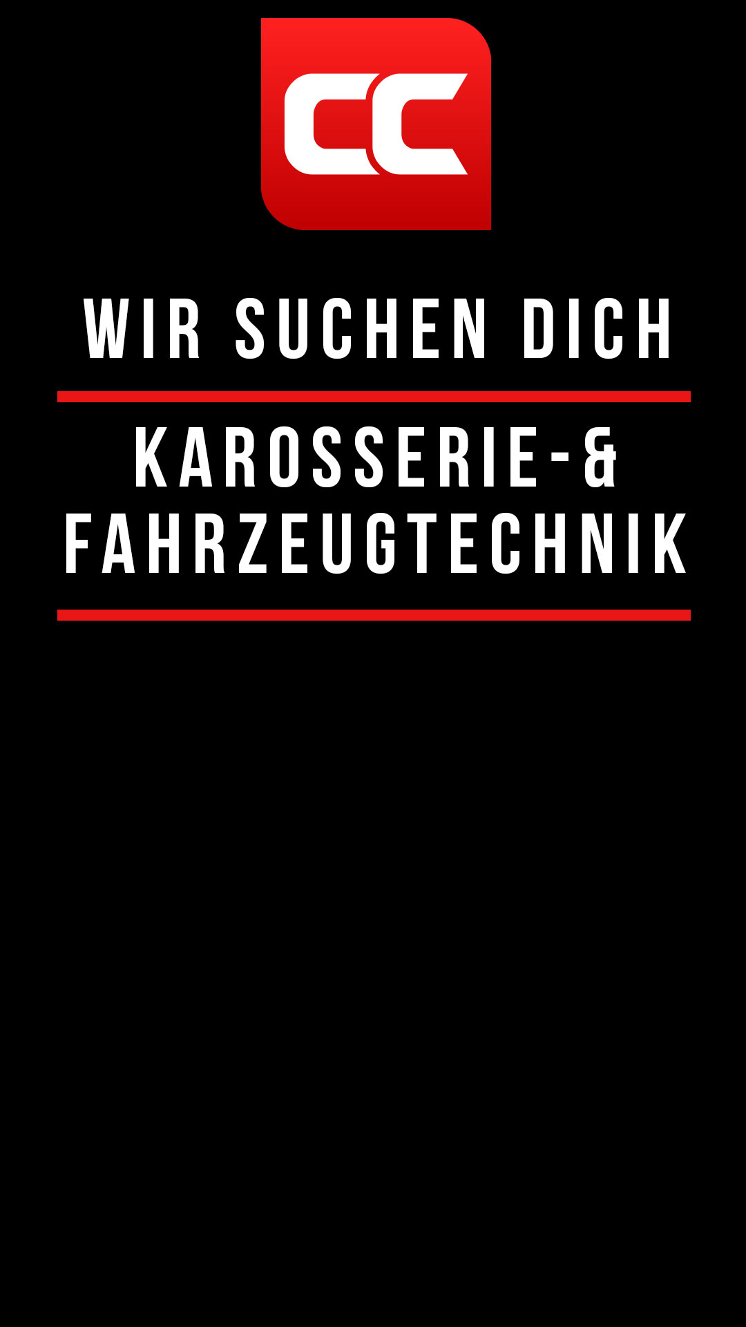 Eine große Aufschrift mit dem Begriff Karosseriebaus. Ein Mensch steht lachend und glücklich im Vordergrund und es wird mit verschiedenen Wörter die Stellenausschreibung beschrieben. Ein roter Hintergrund und das Logo der CarCon GmbH prägen das Bild.